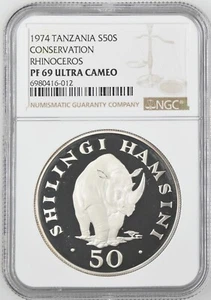1974 Tanzania Conservation Rhinoceros 50 Shilingi Coin - NGC PF 69 UC - Picture 1 of 2