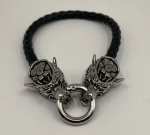 Men's Viking Wolf Head Leather Rope Bracelet Gift - Picture 1 of 5