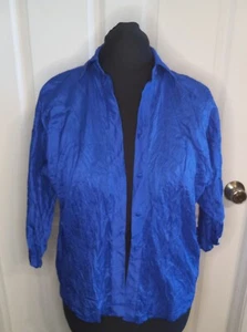 Vintage 100% Silk Blouse Blue Thai Silk Long Sleeve Button Up Large - Picture 1 of 10