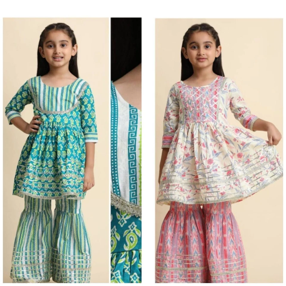 Niños Niña Sharara Trajes Listo Diseñador Indio Bollywood Boda Shrara Traje Foto 1 de 1