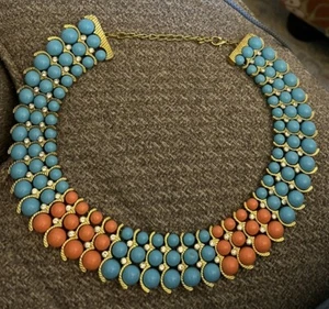 Vintage Designer schwere Latz Halskette türkis blau & pfirsichfarben Strass Akzente - Bild 1 von 4