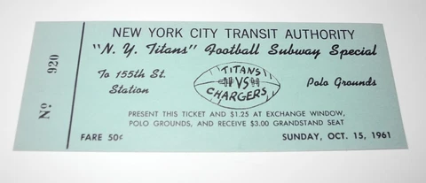 October 15 1961 NFL Football New York Titans San Diego Chargers Full Ticket Pass Cover