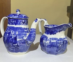 Antique Wedgwood Ferrara Blue And White TransferWare Tea Pot And Pitcher Set - Picture 1 of 22