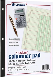 Almohadilla de análisis de columnas Adams, libro mayor de 4 columnas, 8,5" X 11", 100 páginas (50 hojas), - Imagen 1 de 12