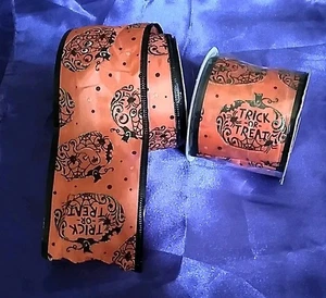 Halloween Black & Orange Glitter Pumpkins Crafting Wire Edged Ribbon 2 Rolls - Picture 1 of 5