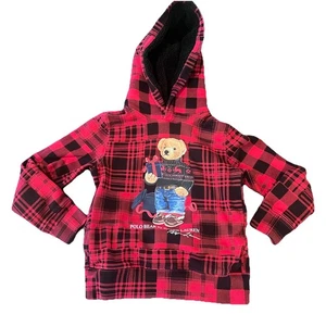 Polo Ralph Lauren Christmas Bear Hoodie Youth S (8) Red Black Plaid Holiday - Picture 1 of 18