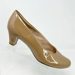 Aerosoles Women's Beige Faux Patent Leather Block Heel Pumps Size 12W Almond Toe - Picture 1 of 14