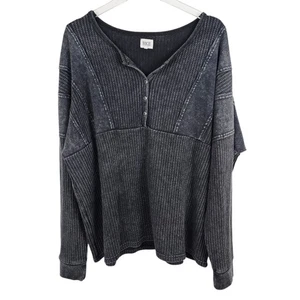 BKE Black Washed Out Henley Thermo Struktur Strick Oversize Shirt - Bild 1 von 8