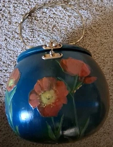 Vintage Japanese Wooden Decoupage Round Purse, Red Velvet Lining w/Mirror Inside - Picture 1 of 24