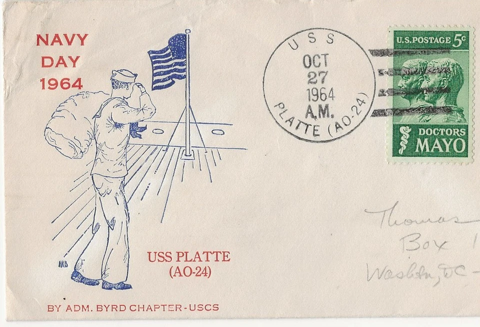 U.S.S. PLATTE AO-24  October 27 1964  SHIPS COVER ..  NAVY DAY 1964 CACHET.. - Image 1 of 1