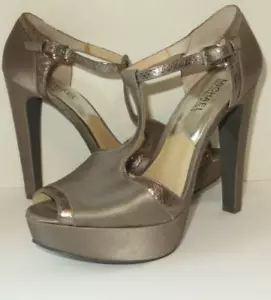 MICHAEL Michael Kors Gris Cuero Satinado Talla 9 M Plataforma T-Correa Puntera Abierta Tacones - Imagen 1 de 7