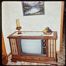 c.1980s Home Console Wood  Cabinet Television Doily Basket Vtg 35mm Photo Slide