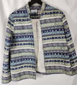 Alfred Dunner Blue Green Striped Beaded Open Blazer Jacket Size 10 Petite - Picture 1 of 8