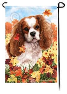 Falling Leaves Garden Flag - Blenheim Cavalier King Charles Spaniel - Picture 1 of 1