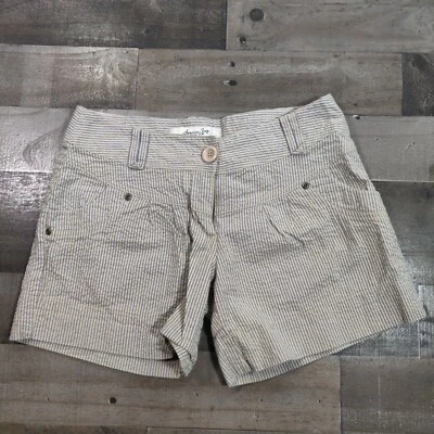 American Rag Cie Shorts Womens 3 Beige Blue Boyfriend Low Rise Striped Casual - Image 1 of 4