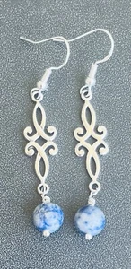 Sodalite Stone Bead Dangle Drop Earrings .925 Sterling Silver Stamped Ear Hooks - Picture 1 of 8