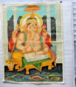 Antique Toile Peinture À L'Huile Hindou Suprême Puissance Lord Ganesh Portrait' - Picture 1 of 9