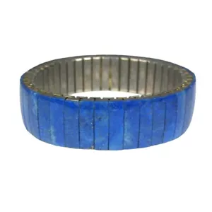 Lapis Lazuli Stone Stretch Bracelet 7.34 inch Silvertone Bangle .5 inch Wide - Picture 1 of 8