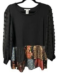 Camisa John Mark Para Mujer 2XL Negra Rayón Babydoll Blusa Manga Transparente Arte Boho - Imagen 1 de 5