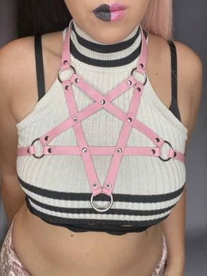 Pentagram Bondage Body Cage Harness Punk Grunge Kawaii Rave Pastel Pink - Image 1 of 4