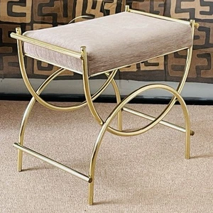 Vintage KOCH ORIGINALS INC Brass Finish Vanity Bench Stool with Fabric Seat - Picture 1 of 14