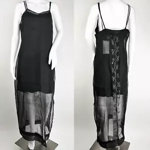 Paul Ropp schwarz bestickt Kleid Spaghettiriemen Baumwolle Größe L seitlich geschlitzt durchsichtig - Bild 1 von 9