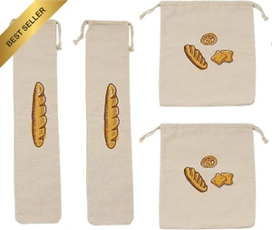 4 Pack Reusable Linen Bread Bags Homemade Large Cloth Drawstring Baguette - Picture 1 of 12