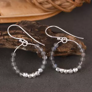 Labradorite and Metal Beaded Hook Earrings Sterling Silver Handmade Jewelry - Picture 1 of 14