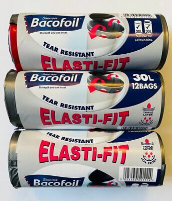 Bacofoil 3x Elasti-fit Kitchen Bin Liner Tear Resistant Bin Liner 30L X 12 Bags • 9.99£