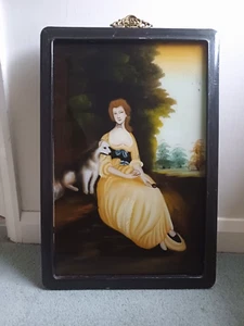 Quadro su vetro rovesciato metà XX secolo esportazione cinese di una donna con cane - Foto 1 di 2