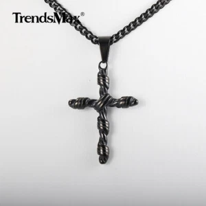 Men's Black Tone Stainless Steel Chain Vintage Religious Cross Pendant Necklace - Picture 1 of 13