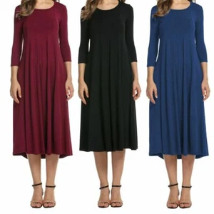 Women Long Sleeve Shirt Long Maxi Dress Casual Flared Swing Skater Midi Dress - Picture 1 of 15