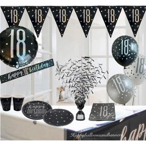 Age 18 & happy birthday black silver party decorations balloons bunting banners - Picture 1 of 65