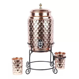 5 Litre Hammered Copper Water Dispenser (Matka/Pot) Container Pot with 2 Glass - Bild 1 von 5