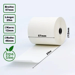 50 Thermorollen 57mm x 25m x 12mm Bonrollen Kassenrollen Waage EC 57 x 25 x12 - Bild 1 von 1