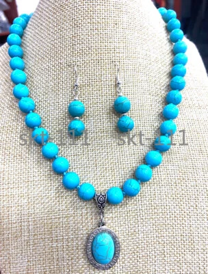 10mm Natural Green Turquoise Gems Beads Necklace Earrings set 18” - Image 1 of 3