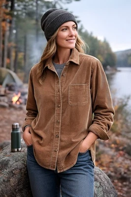 Camisa relajada LL Bean para mujer de colección tostada cómoda pana ancha ballena grande preparación grunge Foto 1 de 4