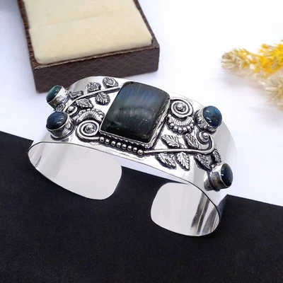 925 Sterling Silver Natural Labradorite Gemstone Handmade Jewelry Cuff Bracelet - Image 1 of 4