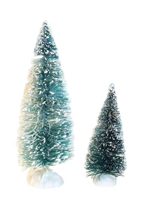 2 VINTAGE GREEN & WHITE FLOCKED BOTTLE BRUSH CHRISTMAS TREES, 4” & 6” TALL - Picture 1 of 5