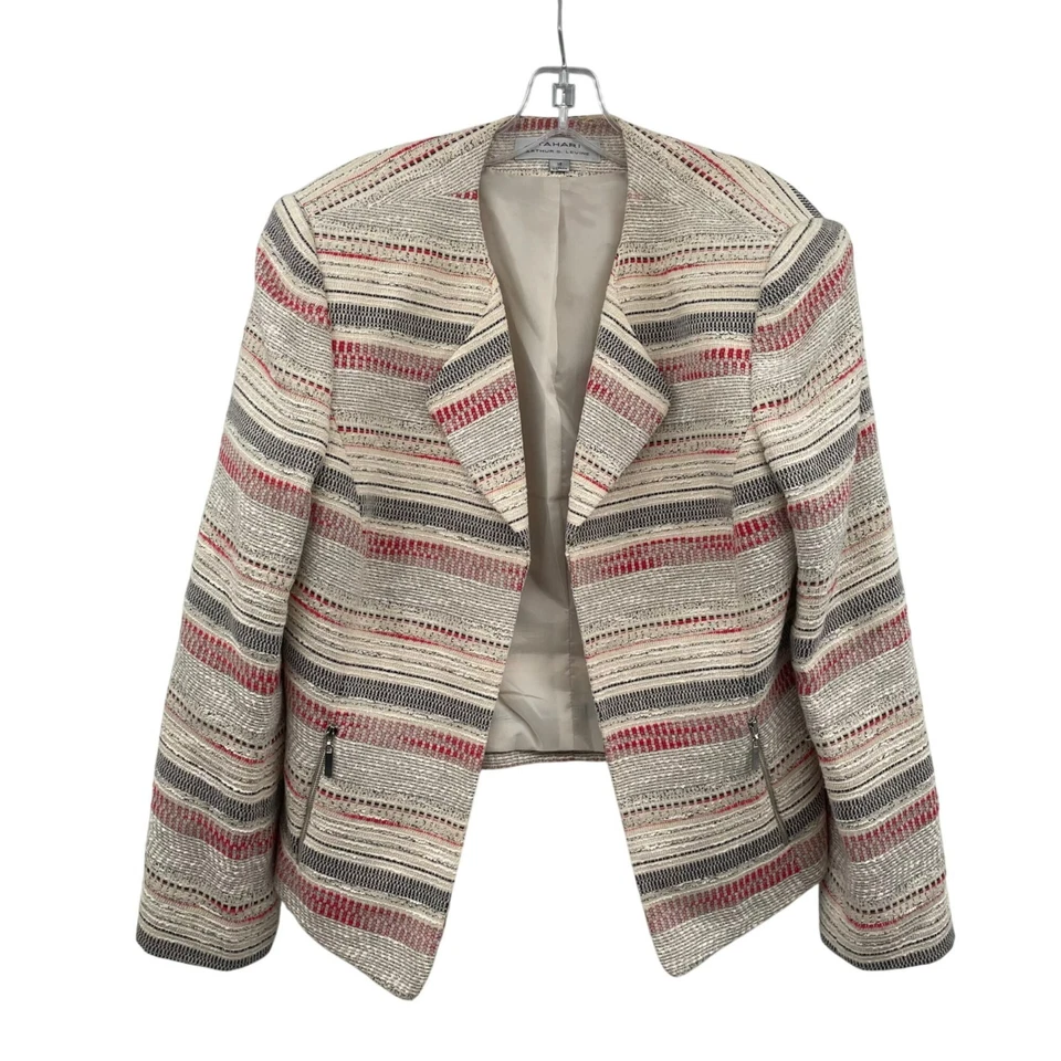 Blazer TAHARI Mujer Texturizado Rayas Frente Abierto Crema/Multi Talla 16 Bolsillos Foto 1 de 4