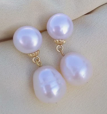 Huge AAA 10-13mm+7-8mm South Sea White Baroque Pearl Earrings 14k Gold - Image 1 of 4