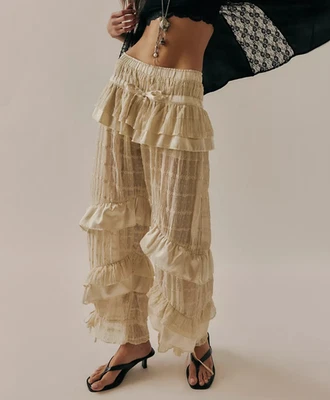 💕 $278 FREE PEOPLE BELLE FEMME TIERED RUFFLE IVORY PANTS SZ XS NEW LAST PAIR! - Image 1 of 4