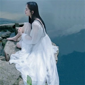 Women Victorian Gothic Boho Dress Lolita Elegant Fairy Chiffon Princess White - Picture 1 of 8