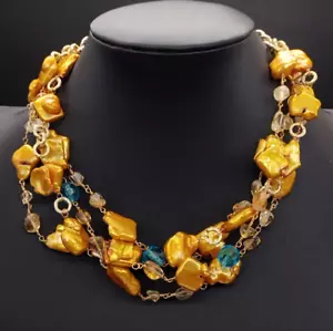 Collana donna catena perla vera oro quarzo citrino quarzo azzurro girocollo - Foto 1 di 12