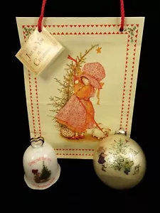 1970s Holly Hobbie Gift Bundle Christmas Ornament Porcelain Bell Gift Bag Set 3 - Picture 1 of 21