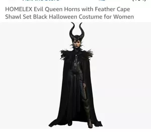 Evil Queen Horns with Feather Cape Shawl Set Black Halloween Costume for Women - Picture 1 of 7