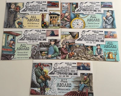 #3333-3337 ALL ABOARD set of 5  FDC's COLLINS  hand-painted PERFECT!!! - Image 1 of 4
