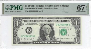 1963B $1 CHICAGO FRN. PMG Superb GEM Uncirculated 67 EPQ Banknote. "BARR" Signed - Picture 1 of 2