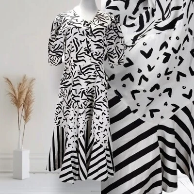 Vestido midi vintage años 80 manga abullonada talla 12 ajuste acampanado estampado pincelada botones Foto 1 de 4