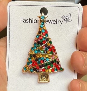 NEW Gold & Rainbow Rhinestones Christmas Tree Brooch Pin Metal Glass 2” x 1.3” - Picture 1 of 4